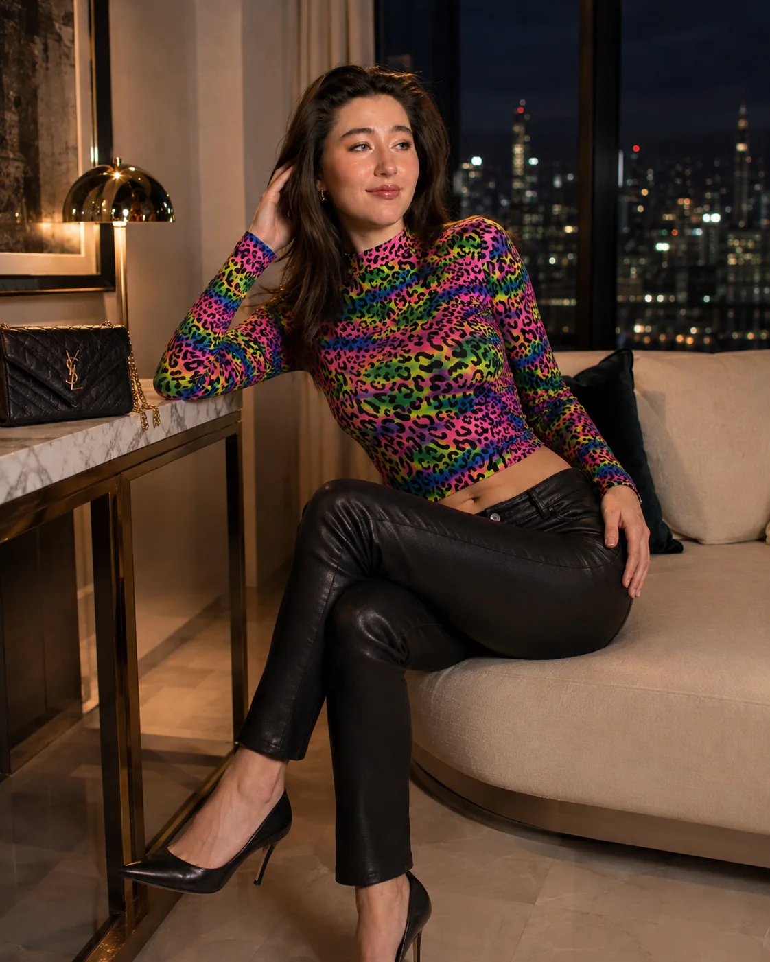Yaroslavna in a vivid patterned top during an evening interior portrait