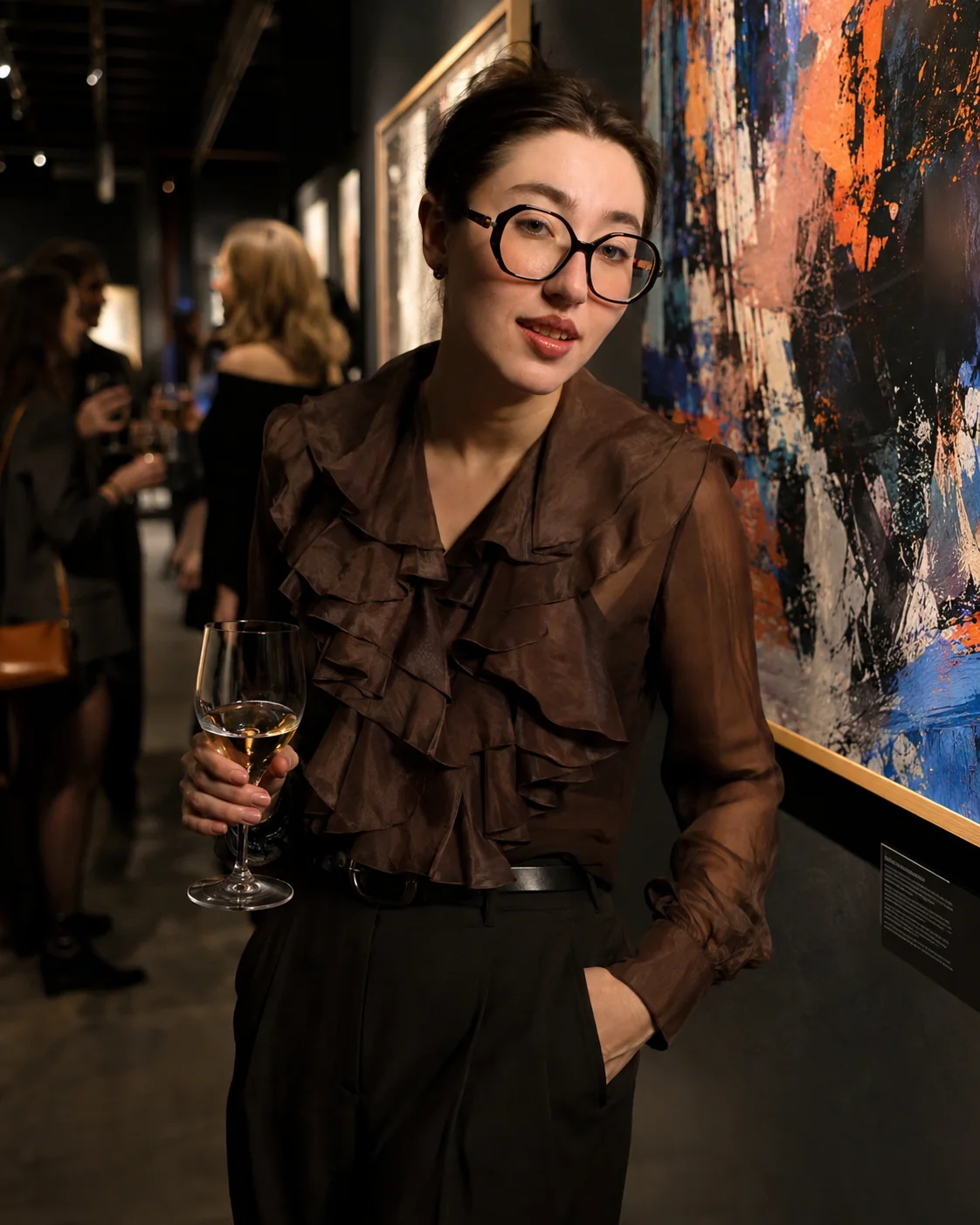 Yaroslavna in a sculptural brown blouse at a contemporary gallery